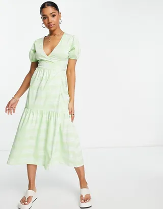 ASOS DESIGN tiered midi wrap dress with puff sleeves in green check