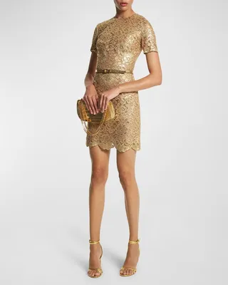 Laminated Metallic Lace Short Dress