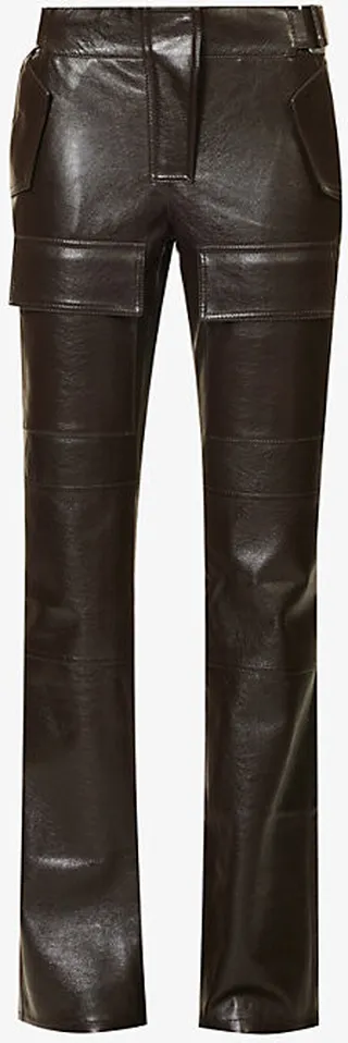 Womens Brown Panelled Patch-pocket Straight-leg Mid-rise Vegan Leather Trousers