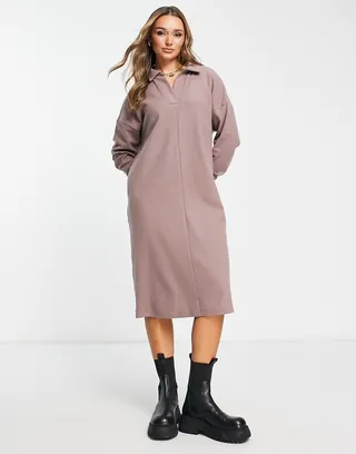 ASOS DESIGN super soft long sleeve polo midi sweater dress in taupe