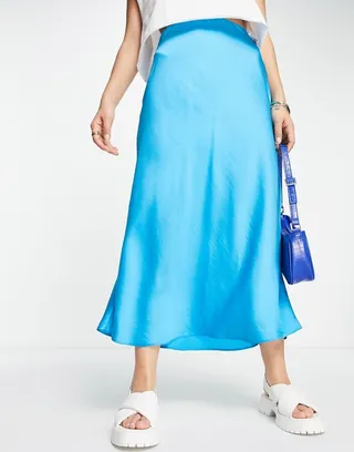 New Look satin midi skirt in turquoise