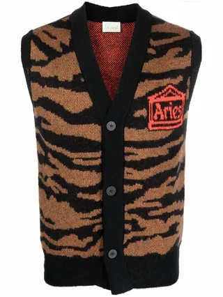Tiger-Print Sleeveless Cardigan