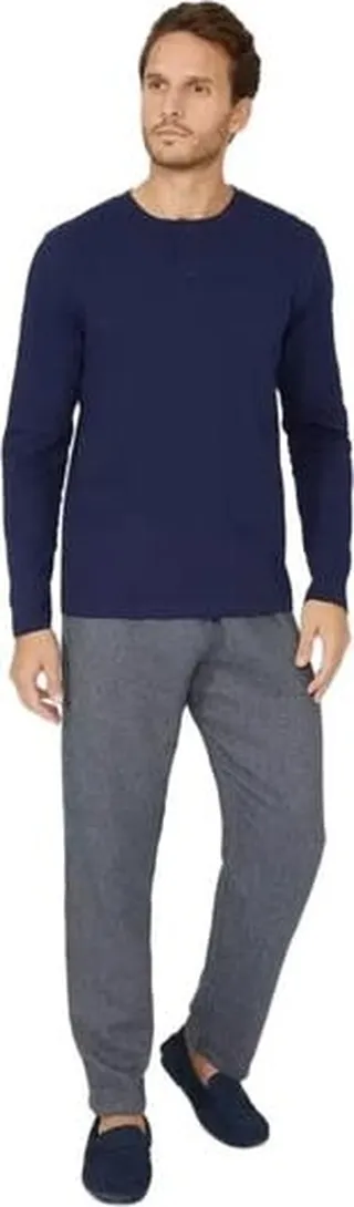 Debenhams Mens Herringbone Grandad Collar Pajama Set - Blue