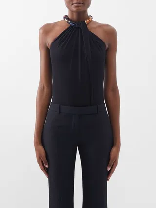 Halterneck Crystal-embellished Crepe Bodysuit