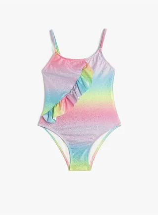 Swimsuit Gleamy Ruffle Detail Thin Strappy Tie-Dye Patterned