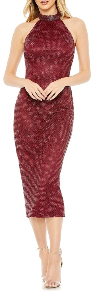 Beaded Halter Neck Sheath Dress