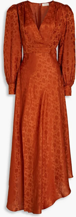Estelle wrap-effect satin-jacquard midi dress