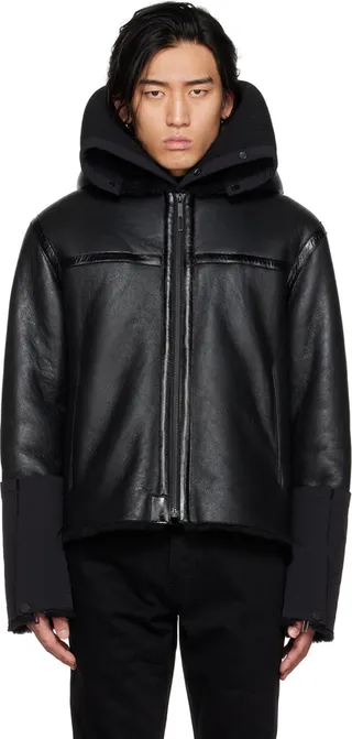 032c Black Shearling Hooded Leather Jacket