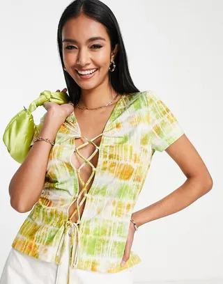 Topshop blurred check tie front top in green