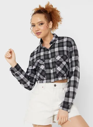 Check Print Cropped Shirt