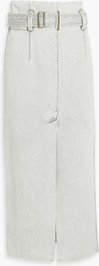 Bead-embellished belted denim midi skirt