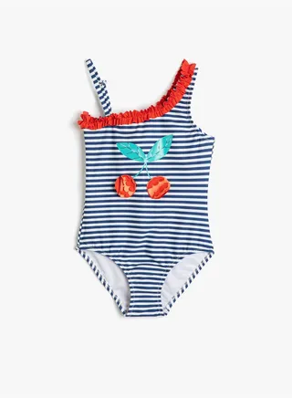 Swimsuit Ruffle Detail One Shoulder Applique Detail