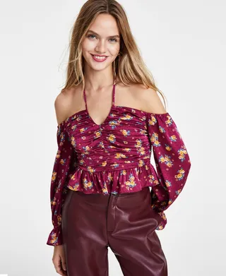 Leyden Women's Dotted Off-The-Shoulder Halterneck Top