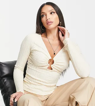 ASOS DESIGN Tall crop texture top with ring detail in stone
