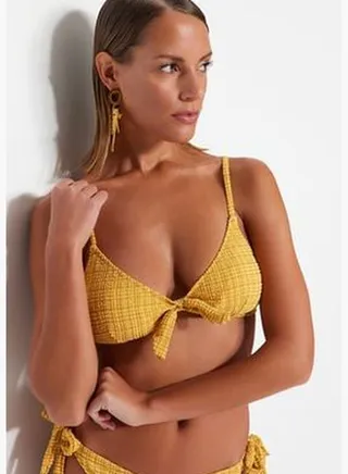 Mustard Gingham Textured Triangle Tie Textured Bikini Top TBESS23BU00276