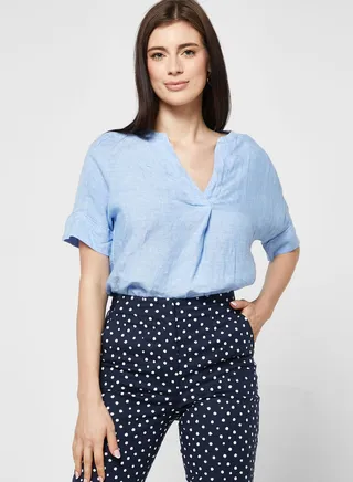 Pure Linen Short Sleeve Popover Blouse
