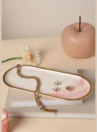 Marble Effect Oval-Rectangle Shaped Ceramic Tray With Rim For Home Decor