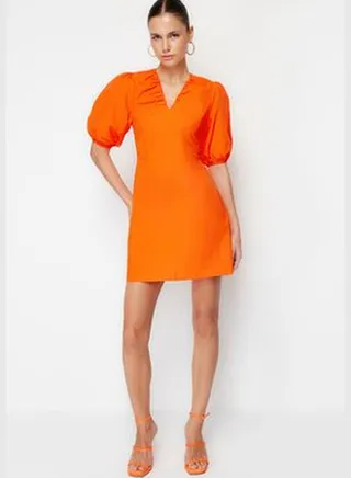Orange Waist Open Mini Woven Poplin V-Neck Gathered Dress