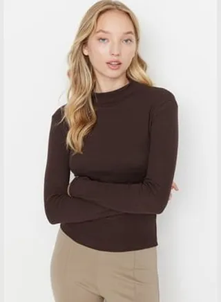 Brown Fitted/Situated Collar Long Sleeve Ribbed Stretch Knit Blouse TWOAW21BZ0423