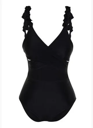 Black V Neck Frilly Swimsuit TBESS24MA00016
