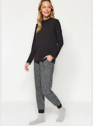 Black Cuff Detailed Knitted Pajamas Set
