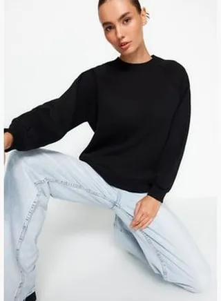 Black Relaxed/Comfortable fit Basic Raglan Sleeve Crew Neck Knitted Sweatshirt TWOAW24SW00104.