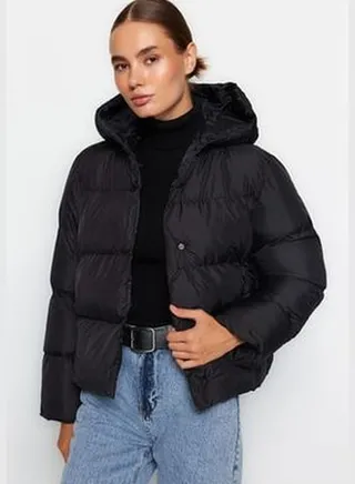 Black Oversize Hooded Water Repellent Inflatable Coat TWOAW24MO00237
