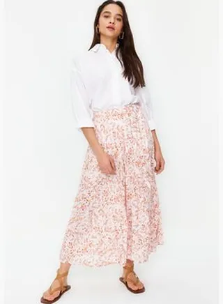 Ecru Floral Pattern Pleated Woven Skirt with Elastic Waist TCTSS23EE00018