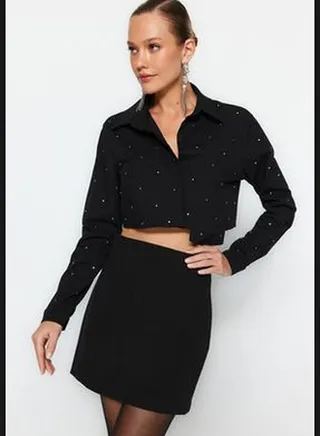 Black Poplin Shirt with Shiny Stones TPRAW24GO00005