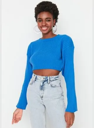 Blue Super Crop Basic Knitwear Sweater TWOAW23KZ01068