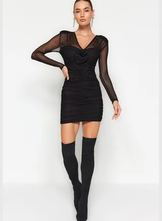 Black Draped Rose Tulle Elegant Evening Dress TPRAW24EL00127
