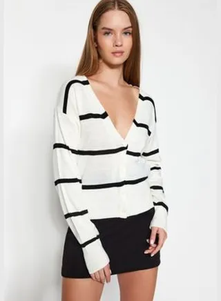 Ecru V-Neck Striped Knitwear Cardigan TWOAW24HI00386