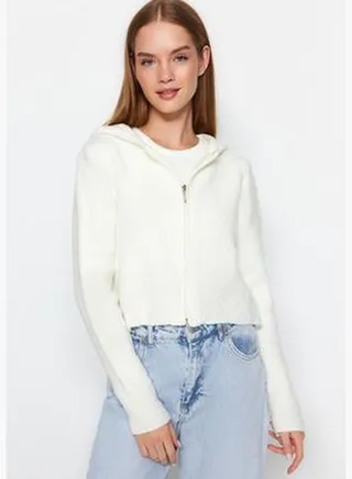 Ecru Hooded Boucle Knitwear Cardigan TWOAW24HI00370