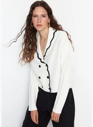 Ecru Double Breasted Collar Color Block Knitwear Knitwear Cardigan TWOAW22HI0359