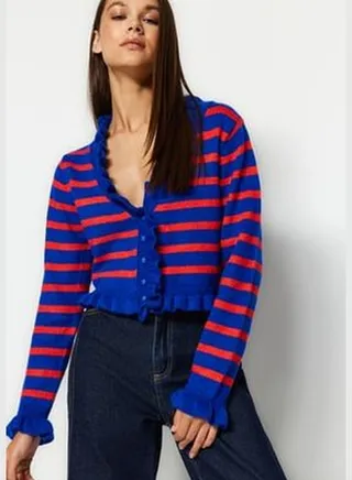 Sax Crop Striped Soft Textured Knitwear Cardigan TWOAW24HI00169