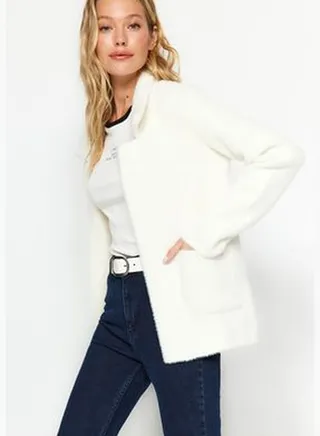 An ecru jacket-style Pile Knitwear Cardigan TWOAW24HI00291