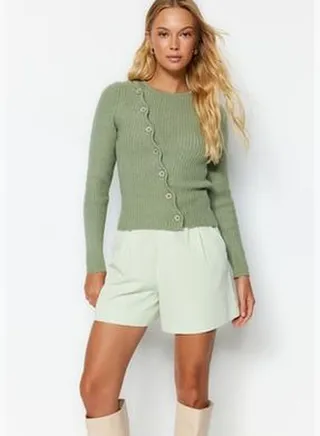 Khaki Soft Textured Knitwear Sweater with Buttons TWOAW24KZ01079