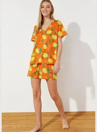 Orange-Multicolor Printed Single Jersey Knitted Pajama Set