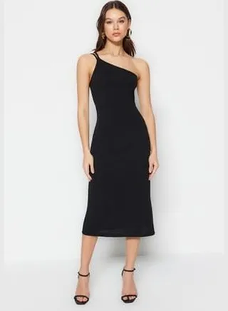 Black Strap Midi Crepe Knitted Knit Dress TWOSS23EL02303
