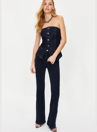 Blue Front Buttoned Strapless Denim Bustier TWOSS24BS00005