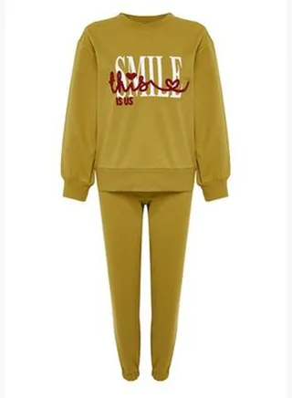 Oil Green Printed Sweatshirt-Jogger Knitted Pajama Set