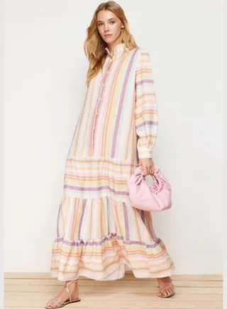 Multi Color Striped Skirt Ruffled Linen Look Woven Dress
