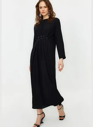 Black Aerobin Woven Dress with Pearl Waist TCTSS24EB00030