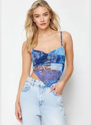 Premium Blue Printed Cross Back Strap Asymmetrical Hem Tulle Knitted Blouse