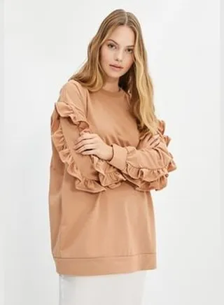 Beige Knitted Sweatshirt with Ruffled Sleeves TCTAW22TW0011