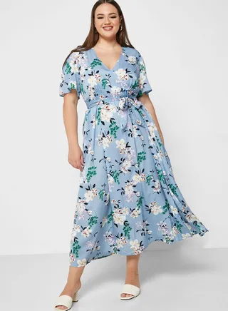 Surplice Neck Belted Side Slit Dress