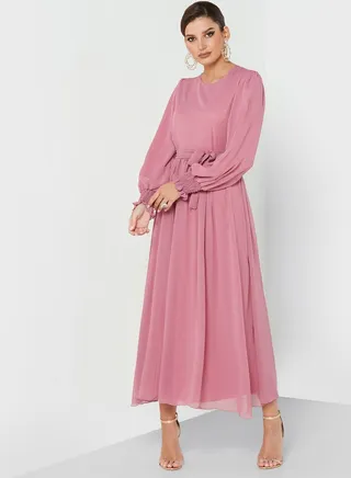 Pleated Waist Tie Dress