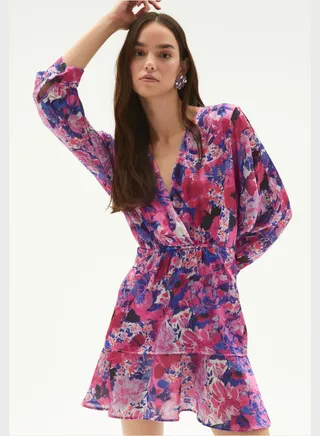 Surplice Neck Floral Double Breasted Dress