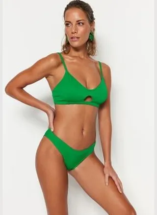 Green Bralette Cut Out/Windowed Textured Bikini Top TBESS22BU0037