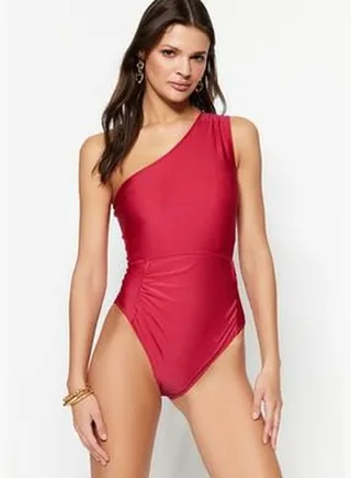 Plum One-Shoulder Draped Regular Leg Swimsuit TBESS23MA00131